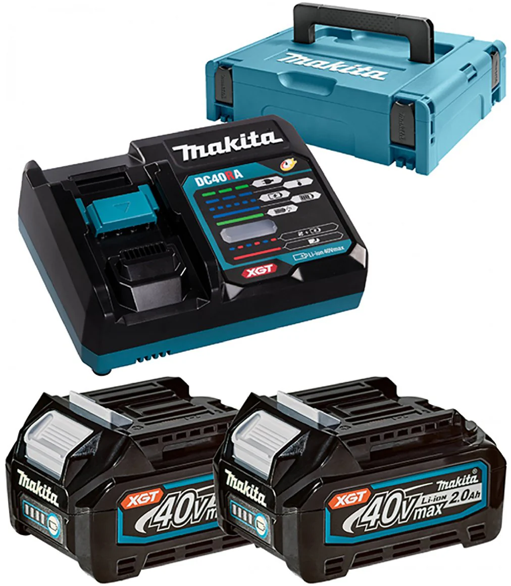 Makita Akku Power Source Kit Li 40V 2,0 Ah im MACPAK Größe 1 mit 2 x Akku BL4020 2,0 Ah und Schnellladegerät DC40RA