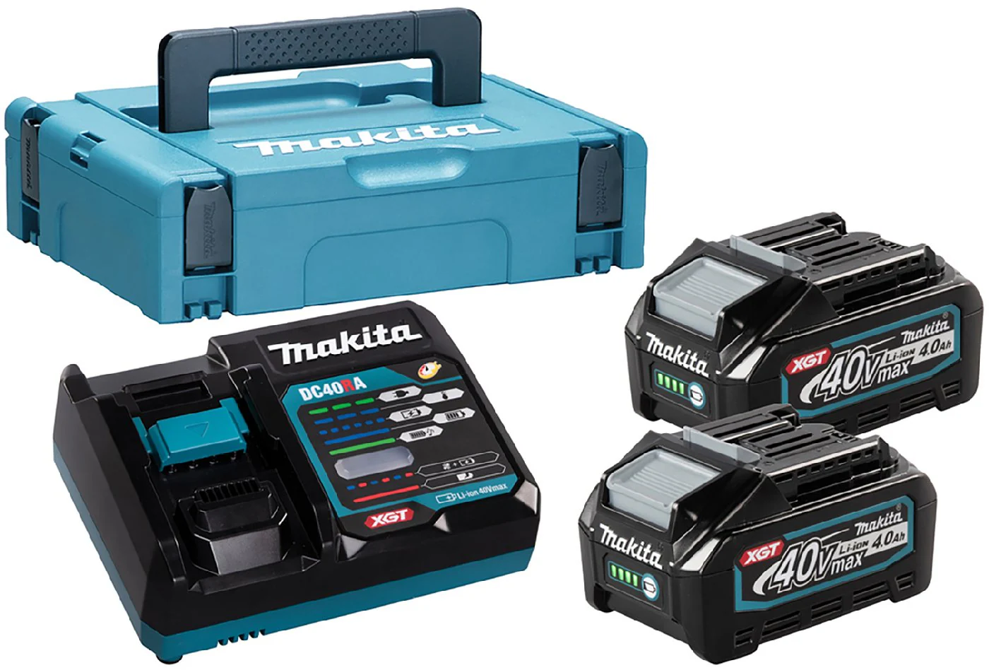 Makita Akku Power Source Kit Li 40V 4 Ah im MAKPAC Größe 1 mit 2 x Akku 4,0 Ah BL4040 und Schnellladegerät DC40RA